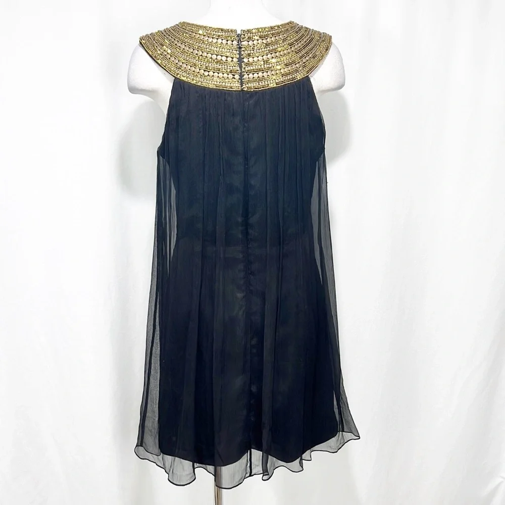 Jovani Gold Beaded Yolk Neckline and Black Silk Flowy Dress size 12